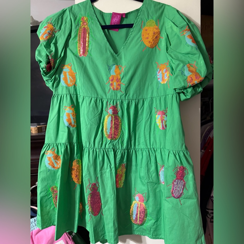 QUEEN OF SPARKLES NWOT Green Dress with Colorful Beetles